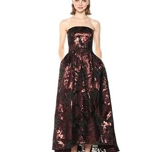 Vera Wang Women's Strapless Printed Metallic Brocade High Low Ball Gown
